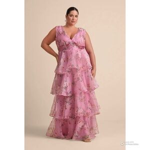 Lulus 2X Garden Radiance Pink Floral Print Organza Tiered Maxi Dress NWOT Formal